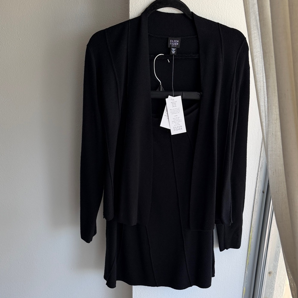 Eileen Fisher Black Open-Front Knit Cardigan and Dress Set